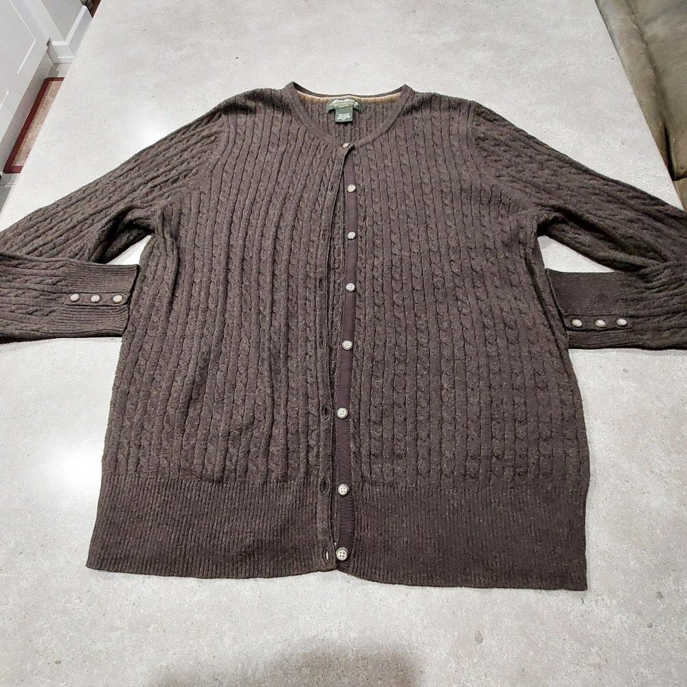 VINTAGE EDDIE BAUER Women's Chocolate Brown Cable Knit Button Down Sweater XL